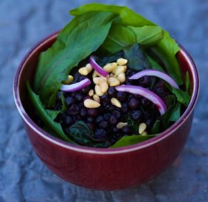 Wilted Dandelion Greens Salad with Blueberries and Pine Nuts