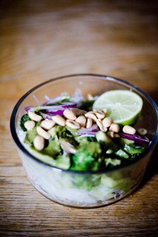 vegan asian broccoli salad from the side