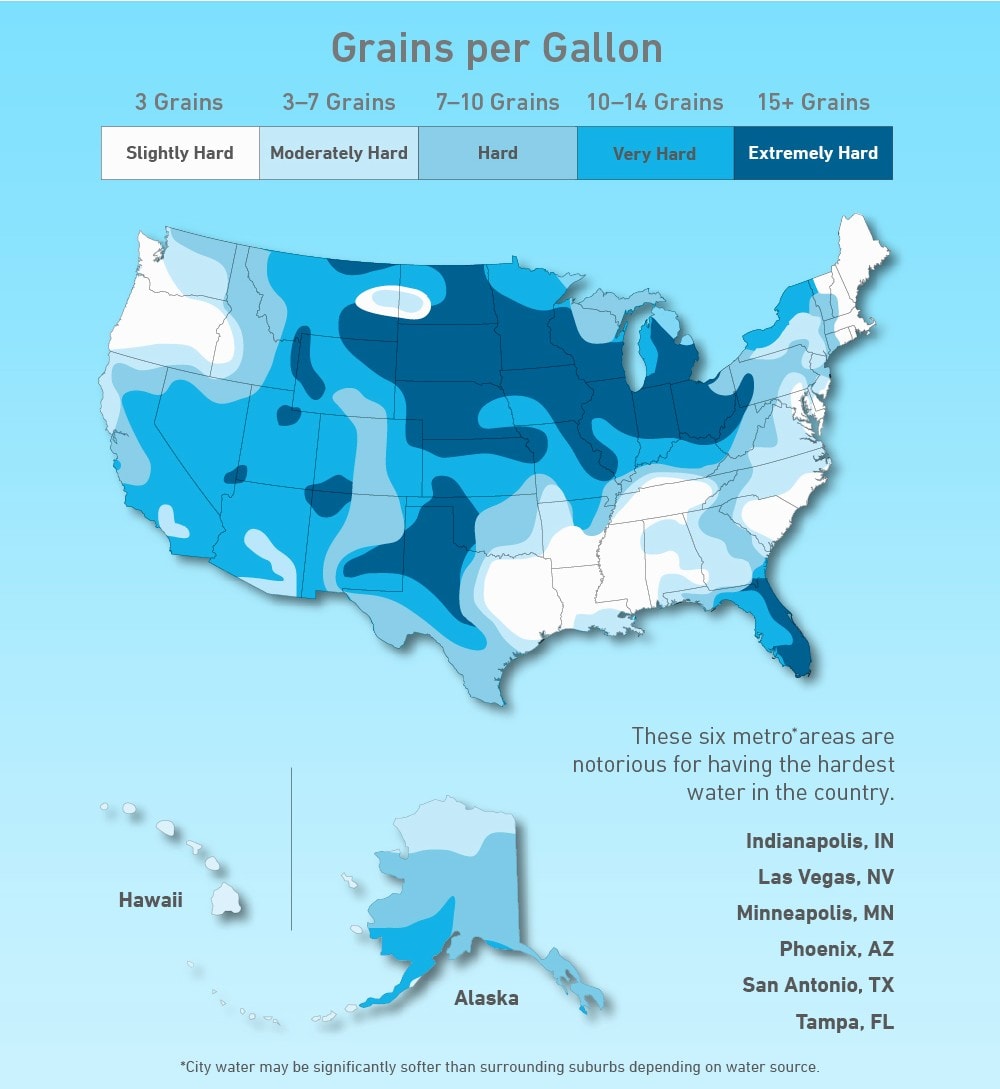 Map of distribution of hard water vs soft water in the United States