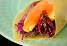Coconut meat wraps with smoked salmon