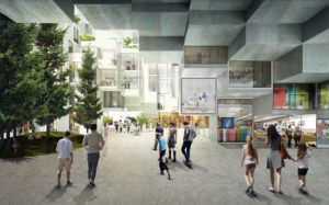 Ground level shopping of Bjarke Ingels sustainable architecture project in Toronto