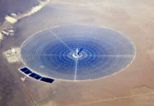 Concentrated solar power plant; Crescent Dunes Solar Energy Project as seen from an airliner