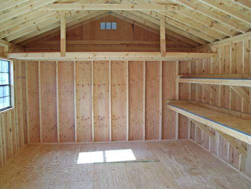 the interior of a shed with loft space