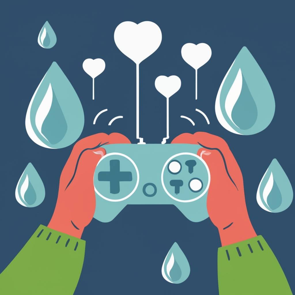 hands holding video game controller surrounded by water droplets