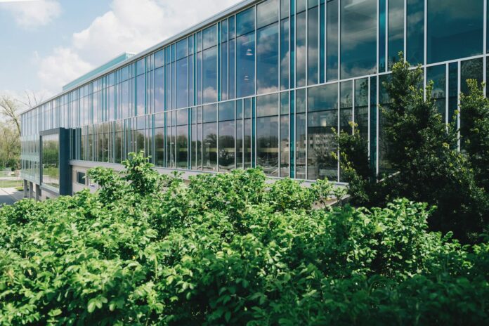 glass building near tree grove